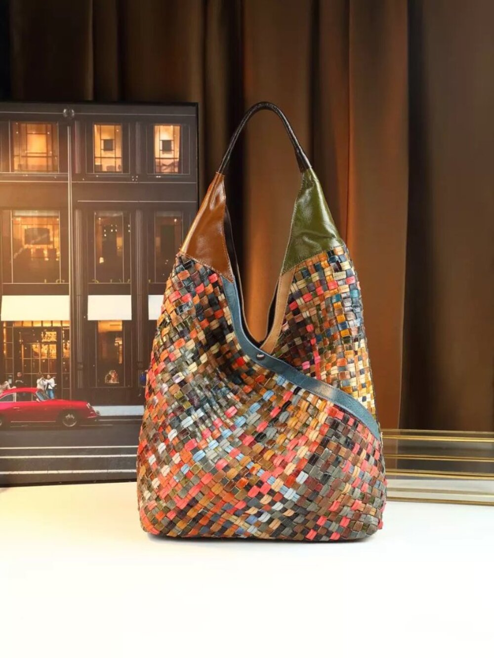 Vintage Women's Tote Genuine Full Grain Handwoven Colorful Leather Patchwork Bag